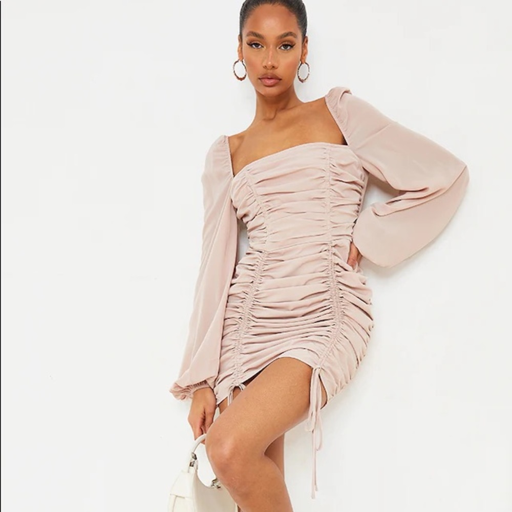 PLT Stone Chiffon Double Ruched Bodycon Dress